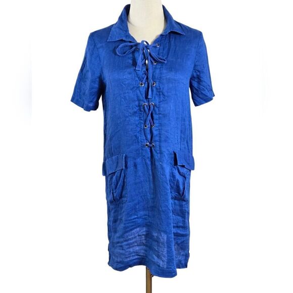 Maeve Anthropologie Blue Linen Lace Up Mini Dress Or Beach Cover Up - Picture 1 of 7